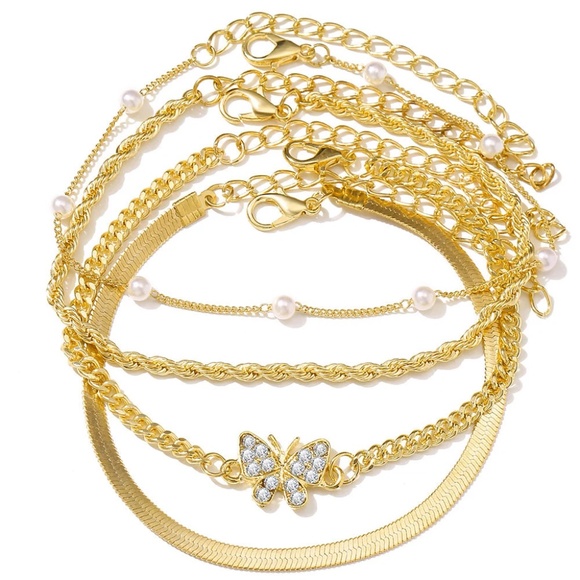 Dainty Gold Color 4 Piece Bracelet Set, Butterfly Bracelet - Picture 2 of 7